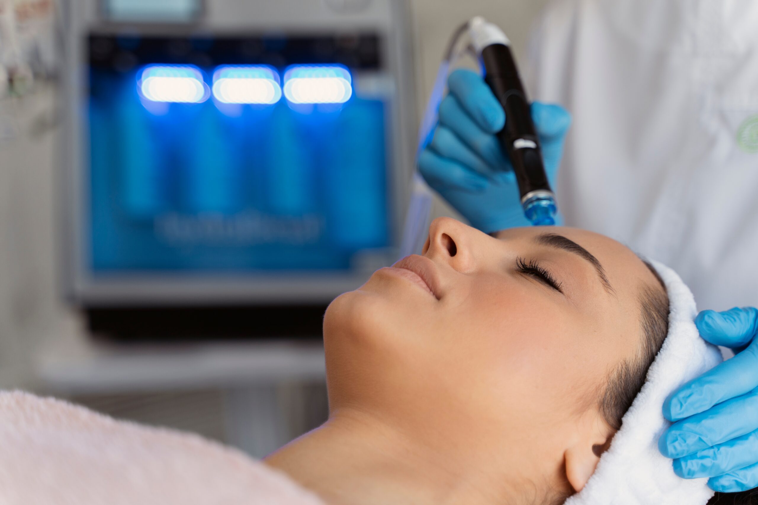 A woman receiving a facial treatment at a cosmetic dermatology clinic.