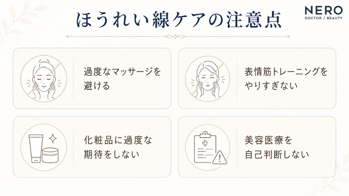 30代のほうれい線ケアを考えている人に向けて、注意したいことをまとめた図