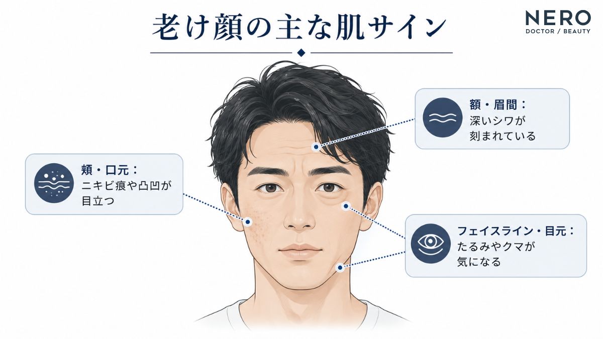 30代男性の老け顔に多いニキビ・シワ・たるみ・クマの肌状態を示したイラスト図