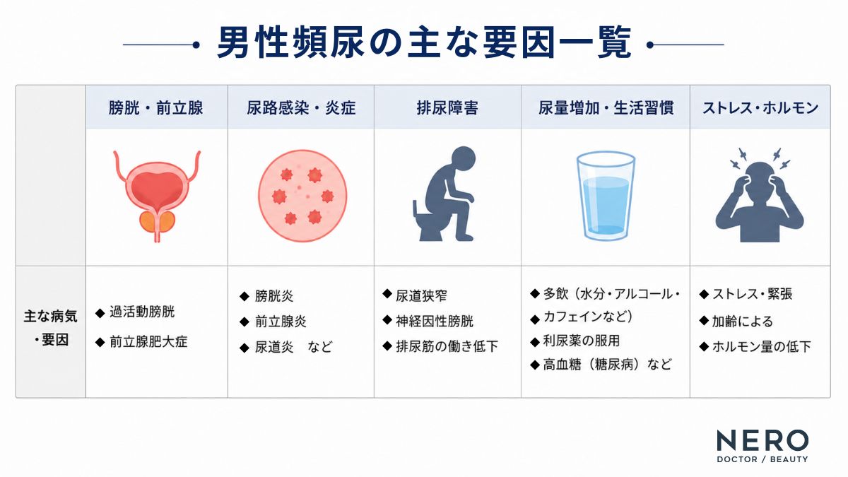 男性の頻尿の主な原因を膀胱・感染・排尿障害・生活習慣・ホルモンのカテゴリごとに整理した表