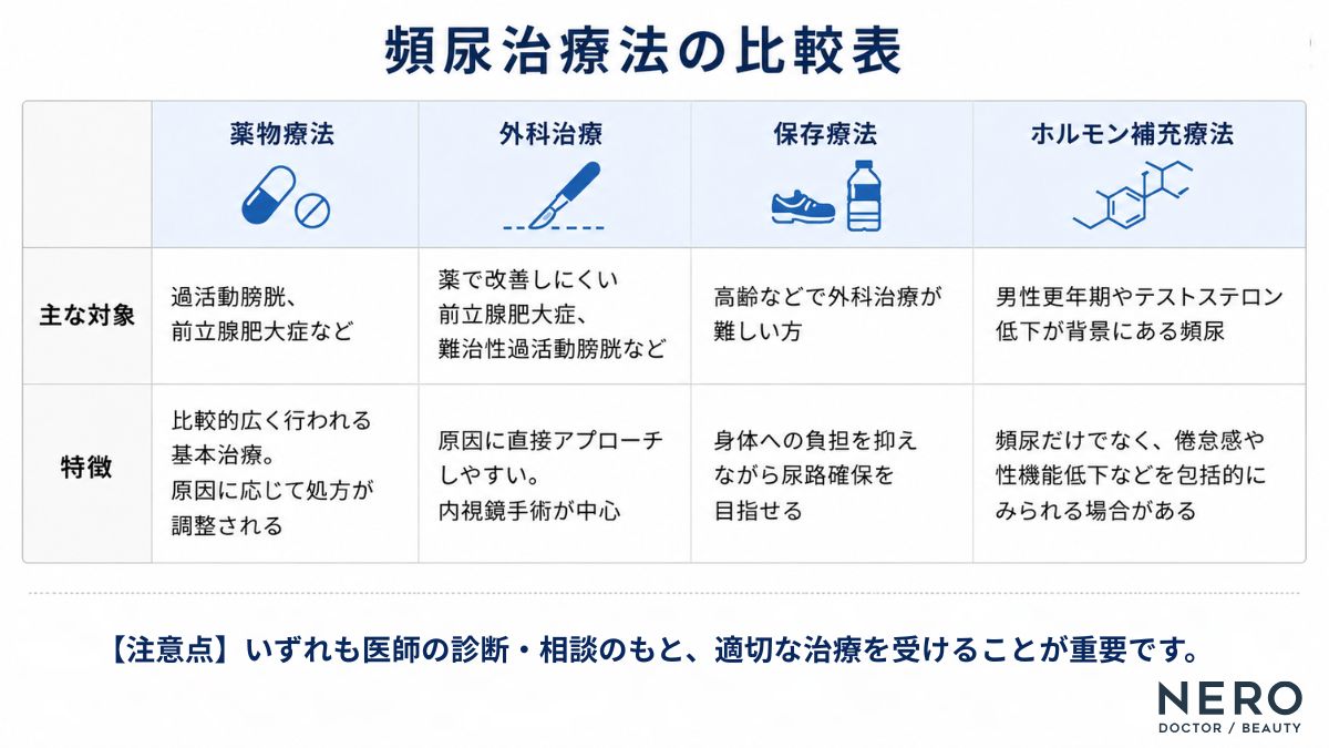 頻尿男性の治療法として薬物療法・外科治療・保存療法・ホルモン補充療法の特徴と注意点をまとめた比較表の図解