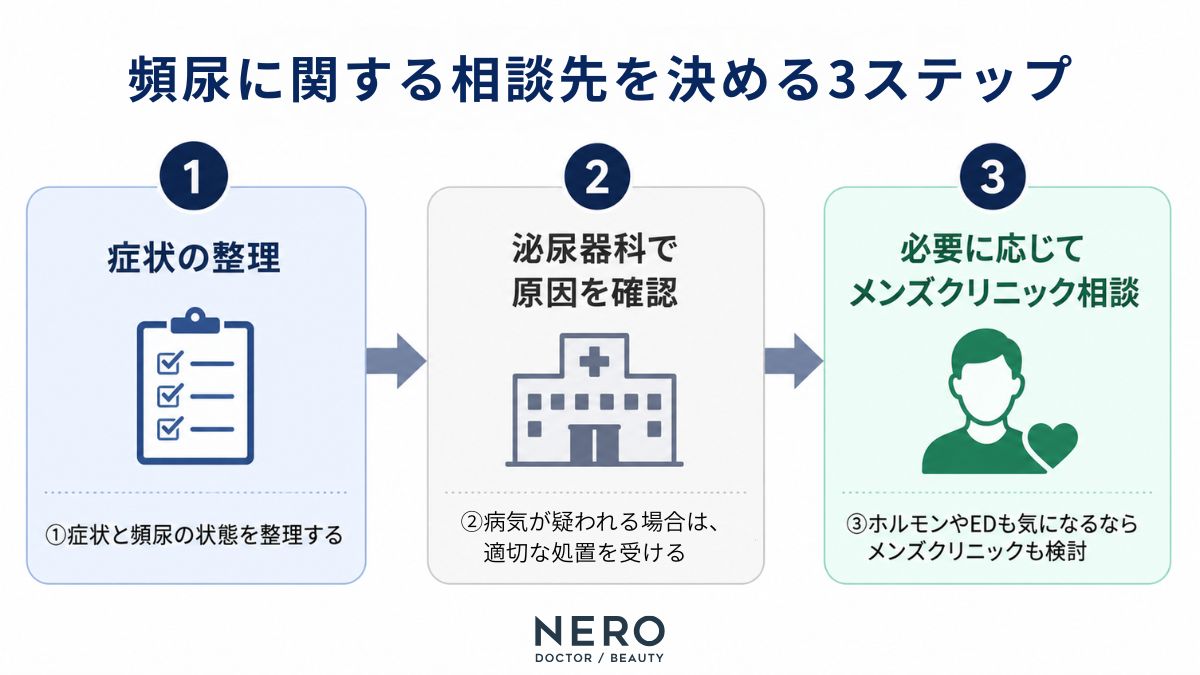 頻尿男性が泌尿器科とメンズクリニックのどちらに相談するかを整理する3ステップの手順図