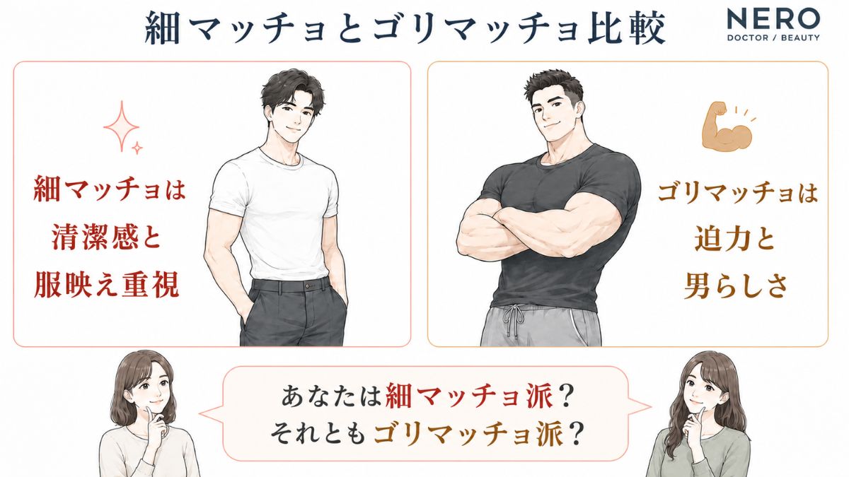 細マッチョとゴリマッチョの違いを比較したマトリクス表の図解