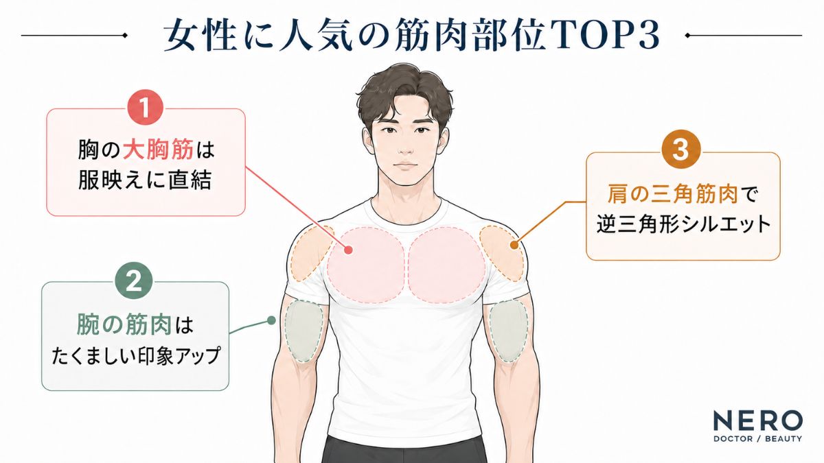 モテる筋肉として人気の胸・腕・肩の部位を示した図解イラスト