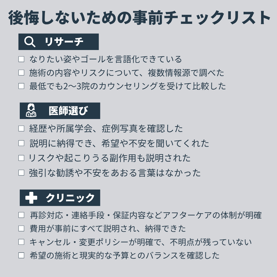 チェックリスト　【ちょっと待って】美容医療“失敗カスタマー”にならないための3原則/情弱カスタマーにならない方法｜NERO DOCTOR / BEAUTY（美容医療）