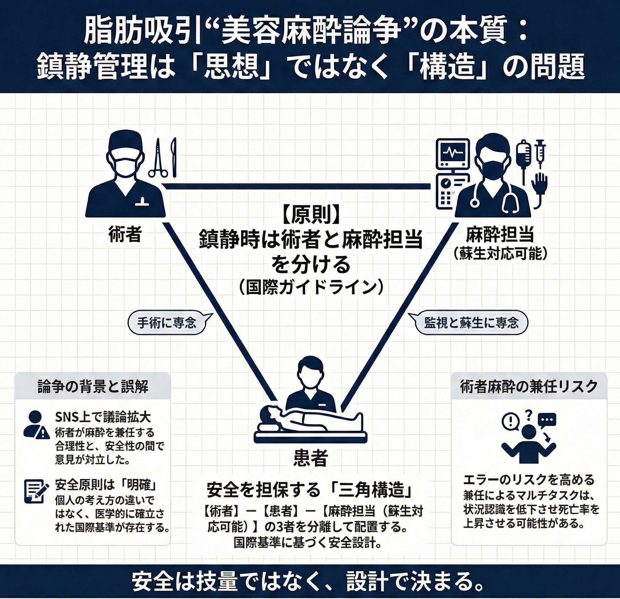 脂肪吸引の麻酔管理を巡る業界議論を構造整理。「分業か一体化か」という二元論ではなく、術者と麻酔担当の分離という国際基準に基づき、美容医療における鎮静管理の安全原則を解説。