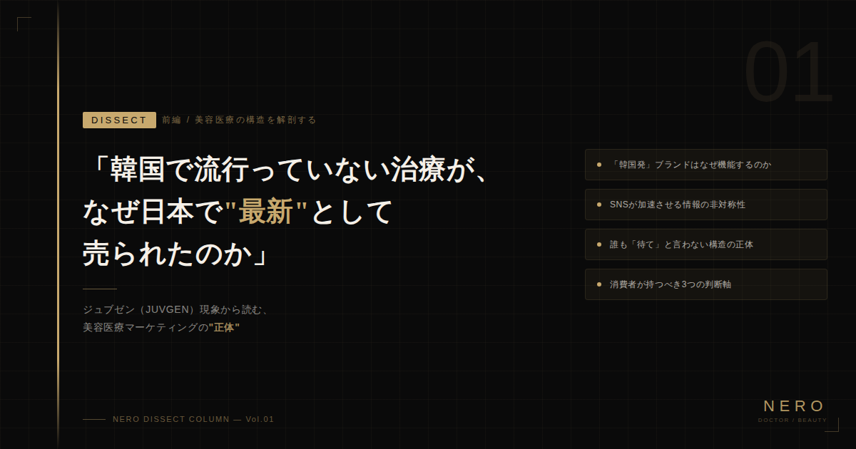 【DISSECT】「韓国で流行っていない治療が、 なぜ日本で"最新"として売られたのか」 ——ジュブゼン(JUVGEN)現象から読む、 美容医療マーケティングの"正体"