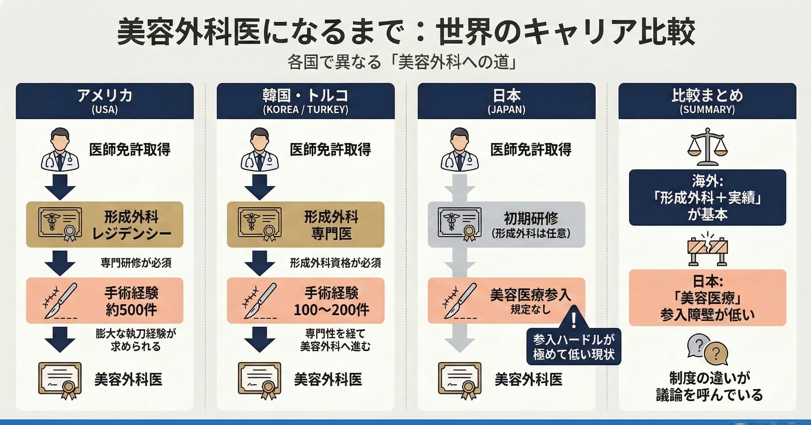 Create a single infographic explaining differences in aesthetic surgery training systems across countries Style Medical editorial infographic Minimal text Professional healthcare media Clean and academic tone Canvas Square format Color palette #545353 #253948 #d5d6d9 #b9a58b #f0d2ca Title 美容外科医になるまで 世界のキャリア比較 Subtitle 各国で異なる「美容外科への道」 Main structure Four column comparison Countries USA Korea Turkey Japan USA 医師 ↓ 形成外科レジデンシー ↓ 美容外科手術経験 （約500件） Korea 医師 ↓ 形成外科専門医 ↓ 美容外科手術経験 （約200件） Turkey 医師 ↓ 形成外科専門医 ↓ 美容外科手術経験 （約100件） ※形成外科資格が必須 Japan 医師 ↓ 初期研修 ↓ 美容医療 ※形成外科経験 必須ではない Bottom message 海外では 形成外科＋美容外科経験 が基本 日本は制度が大きく異なる Icons doctor icon surgery icon training icon certificate icon Minimal text Clear visual hierarchy Professional medical media style NERO編集的にさらに良くするなら（プロ視点） もし1段階強くするなら、下にこのコピーを入れると SNS拡散力がかなり上がります。 Bottom message（強化版） 海外 形成外科＋美容外科経験が必須 日本 美容医療への参入ハードルが低い 制度の違いが 議論を呼んでいる