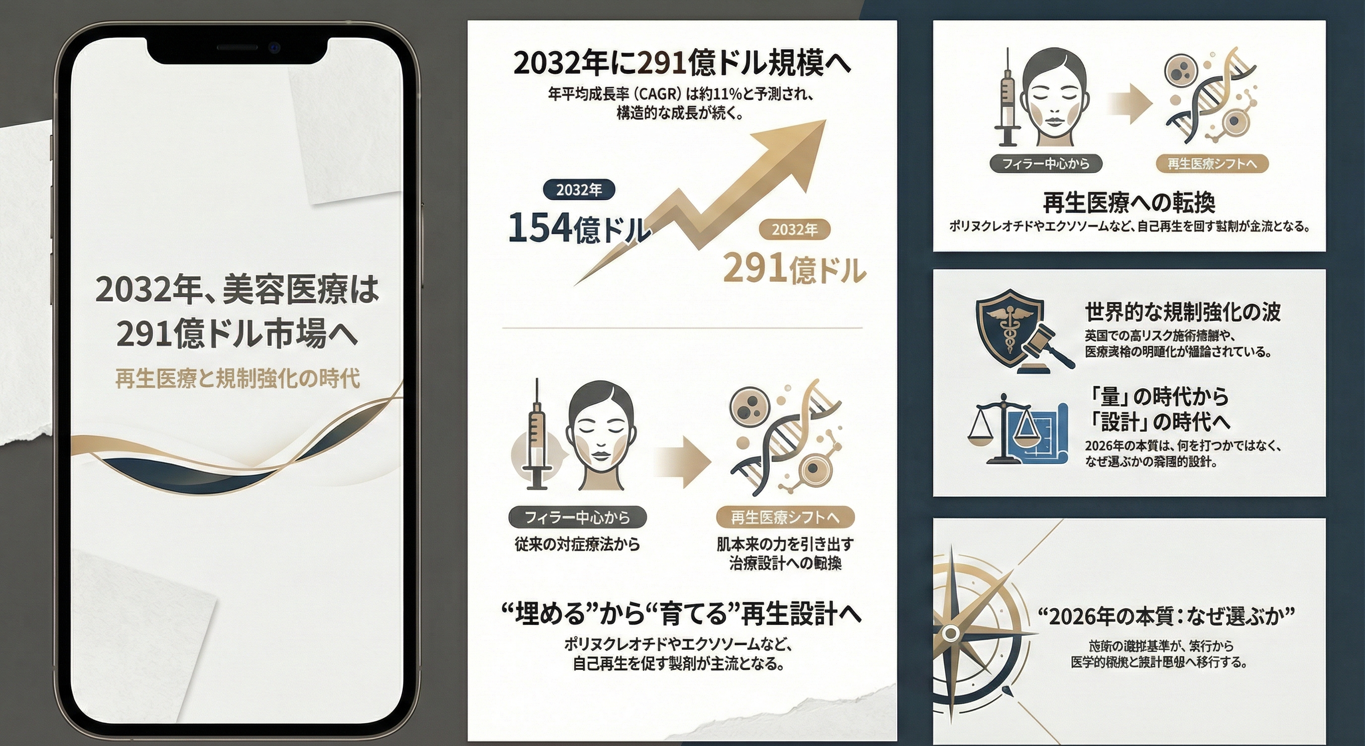 291億ドル市場へ拡大する美容医療。2026年は再生医療と規制強化が同時進行する転換期。フィラー依存から“設計力”へ移る業界構造を解説。