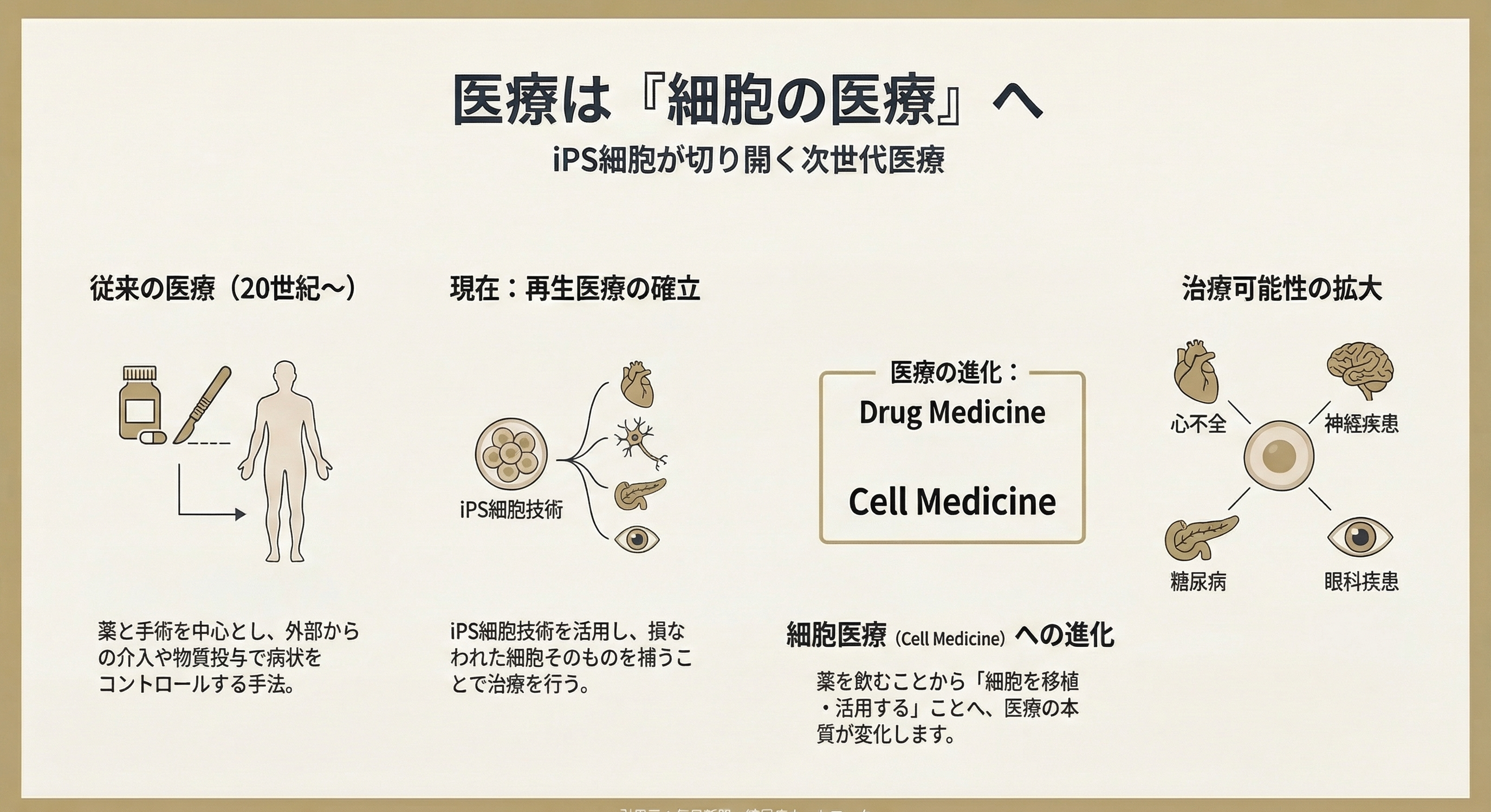 iPS細胞を用いた再生医療製品が世界で初めて承認。心不全治療「リハート」とパーキンソン病治療「アムシェプリ」が2026年夏以降に実用化へ。再生医療が研究段階から臨床医療へ移行する転換点を解説。