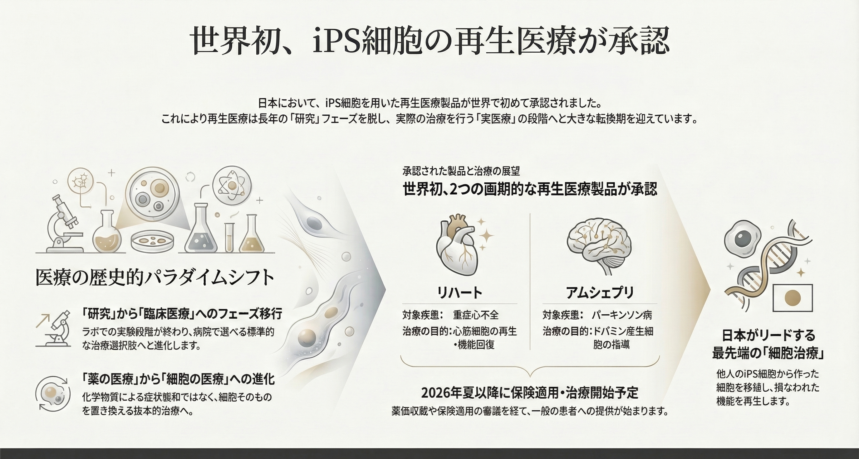 iPS細胞を用いた再生医療製品が世界で初めて承認。心不全治療「リハート」とパーキンソン病治療「アムシェプリ」が2026年夏以降に実用化へ。再生医療が研究段階から臨床医療へ移行する転換点を解説。