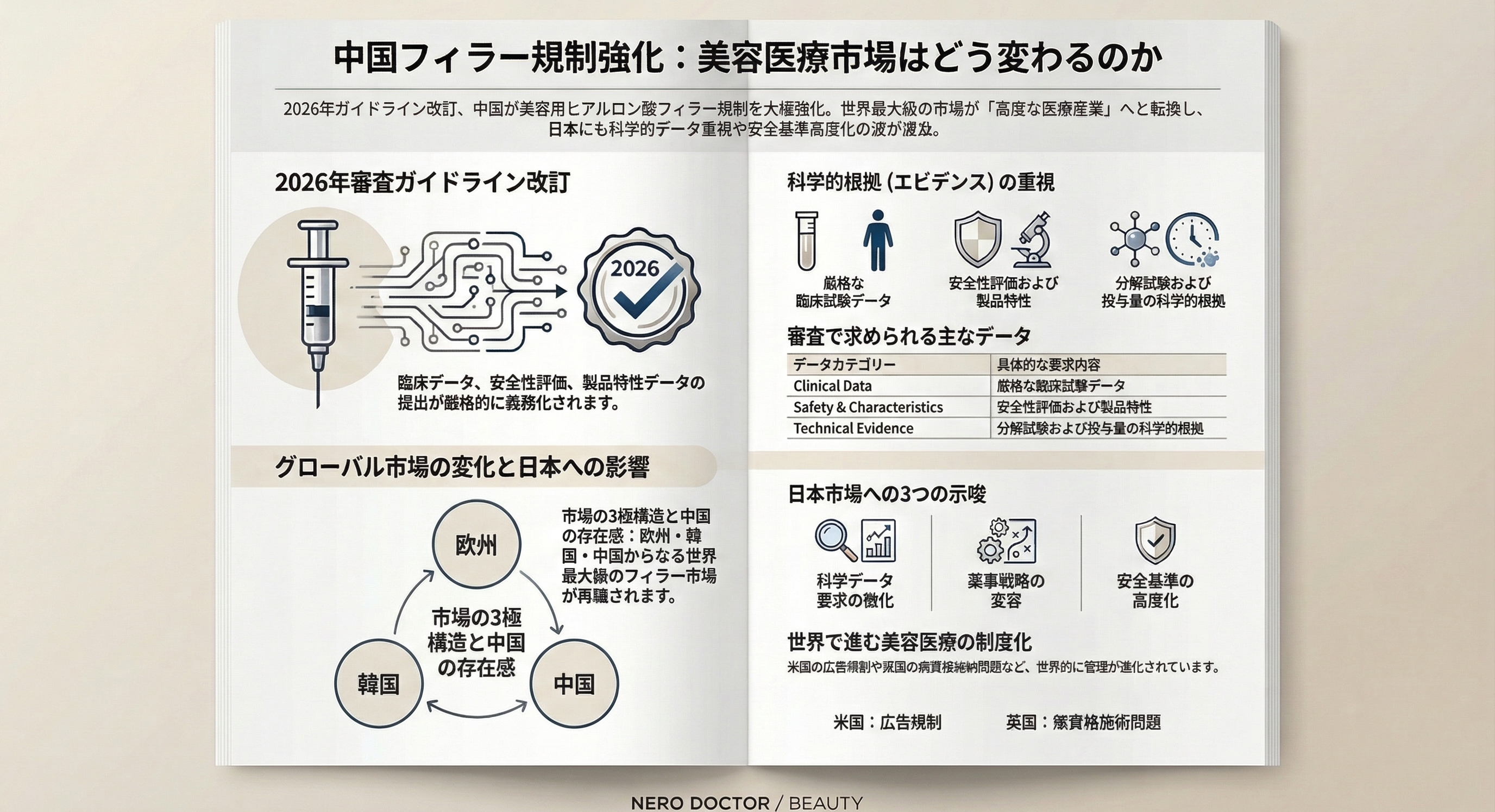 中国の医療機器審査機関CMDEが美容ヒアルロン酸フィラーの審査ガイドライン（2026）を改訂。臨床試験や安全性データ提出など科学的要求が強化された。世界最大級の美容医療市場・中国の規制動向は、日本を含む美容医療業界の製品開発や市場構造にも影響する可能性がある。