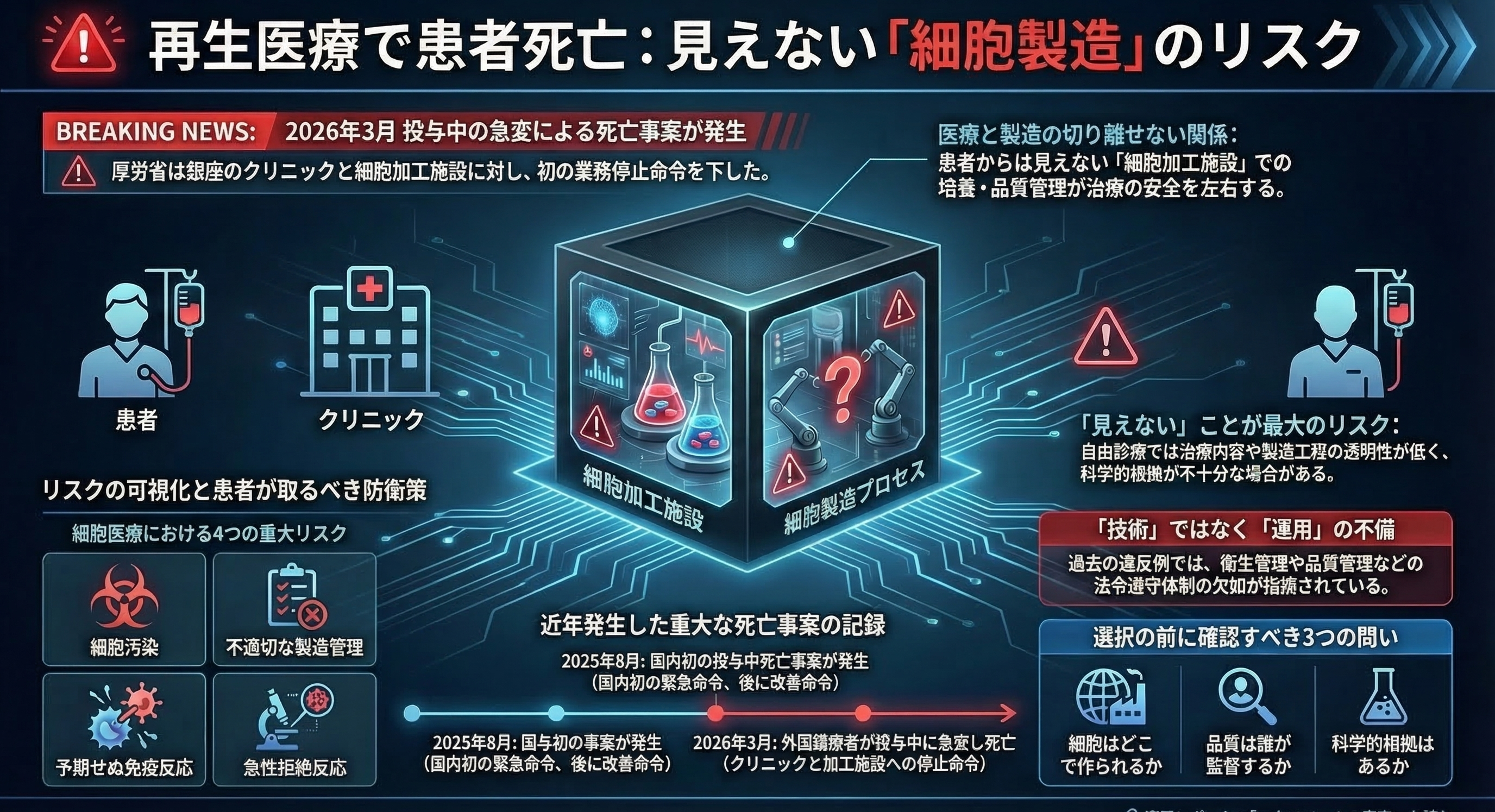 再生医療の幹細胞治療を受けた外国籍患者が死亡。厚労省は銀座クリニックと細胞加工施設に停止命令を発出した。2025年の死亡事案と改善命令に続き、日本の再生医療安全管理の課題が再び浮き彫りになっている。再生医療安全性確保法の制度と、細胞加工施設の品質管理の重要性を解説。