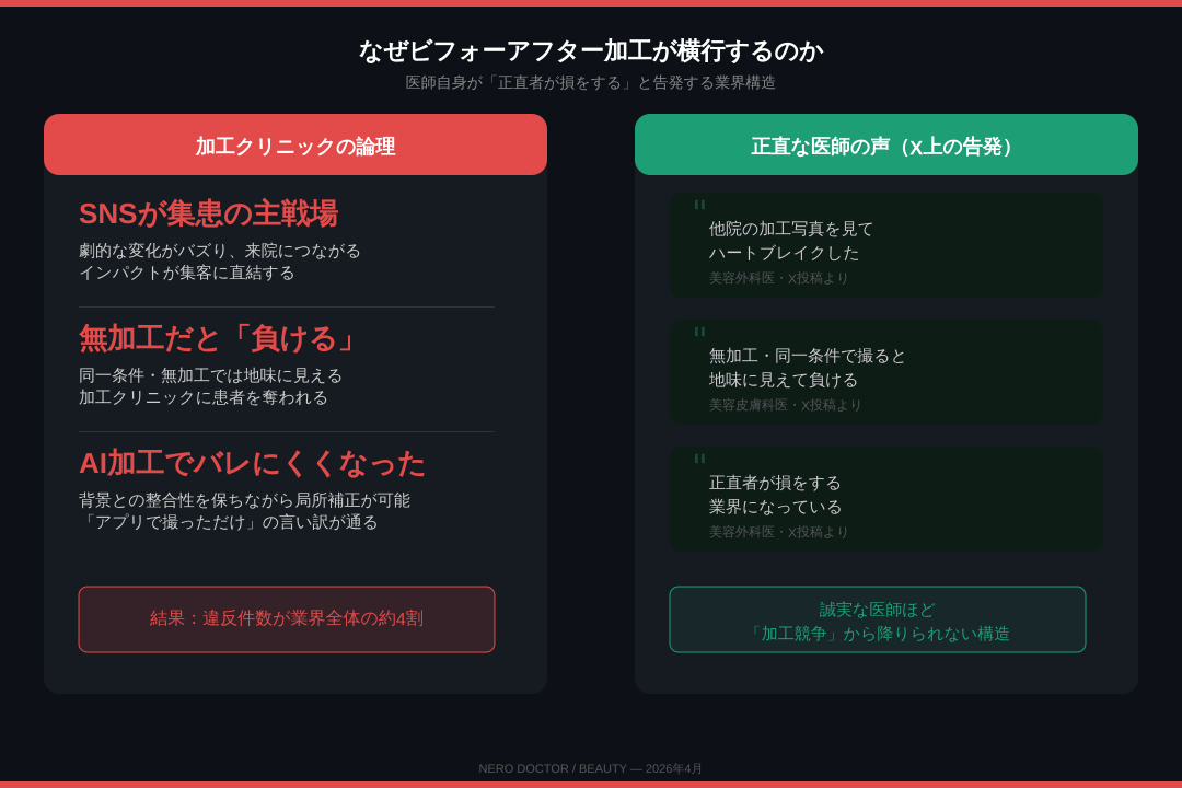 「AI加工がひどい」「正直者が損をする」——医師自身が告発する美容医療ビフォーアフターの闇。撮影トリック・AI加工・法的違反の実態と、騙されないための7つの見極め方をNEROが解説。