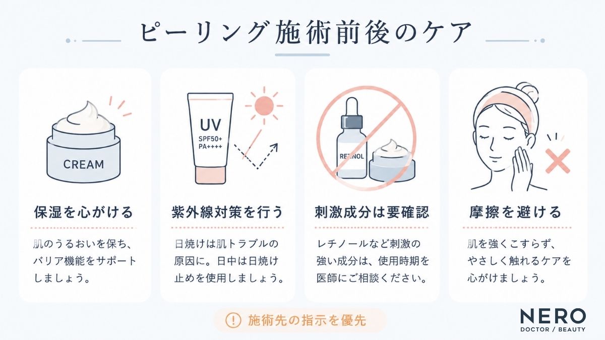 ピーリング前後に確認したいスキンケアと生活上の注意点