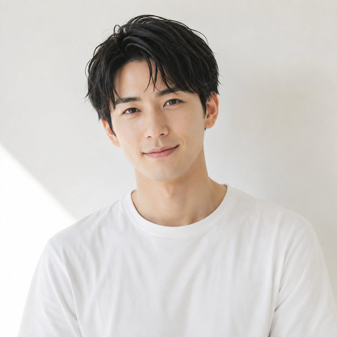 笑顔で正面を見つめる20代から30代の若い男性のポートレート