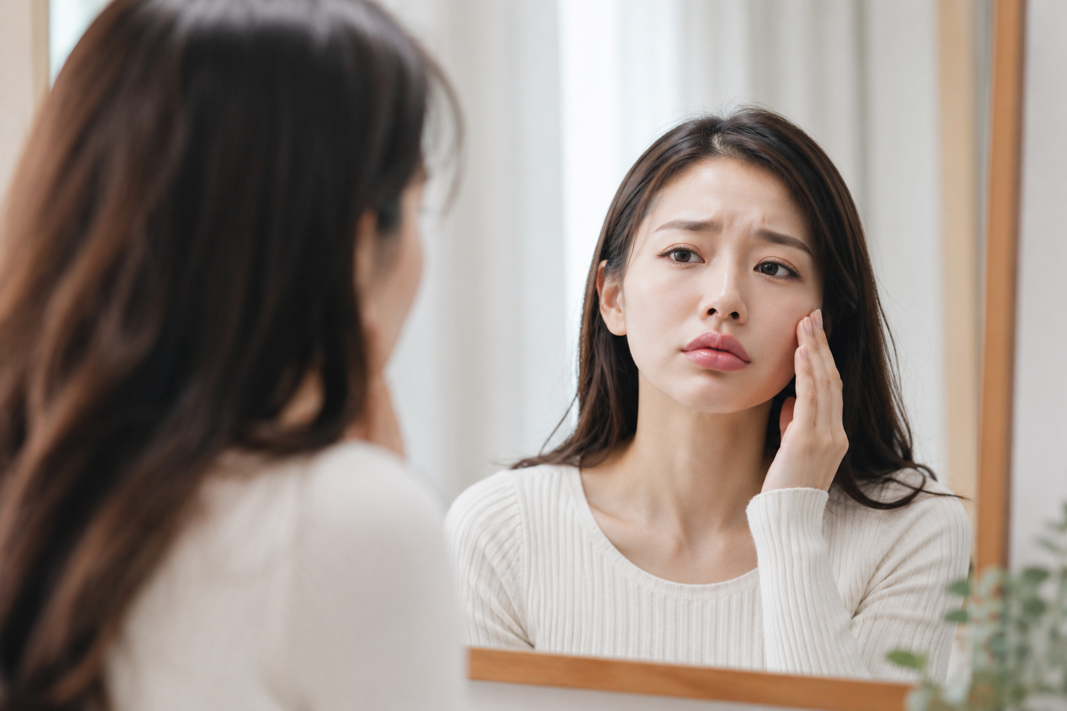 鏡に向かって自分の左頬に手を当て、心配そうな表情で顔のコンディションをチェックしている女性