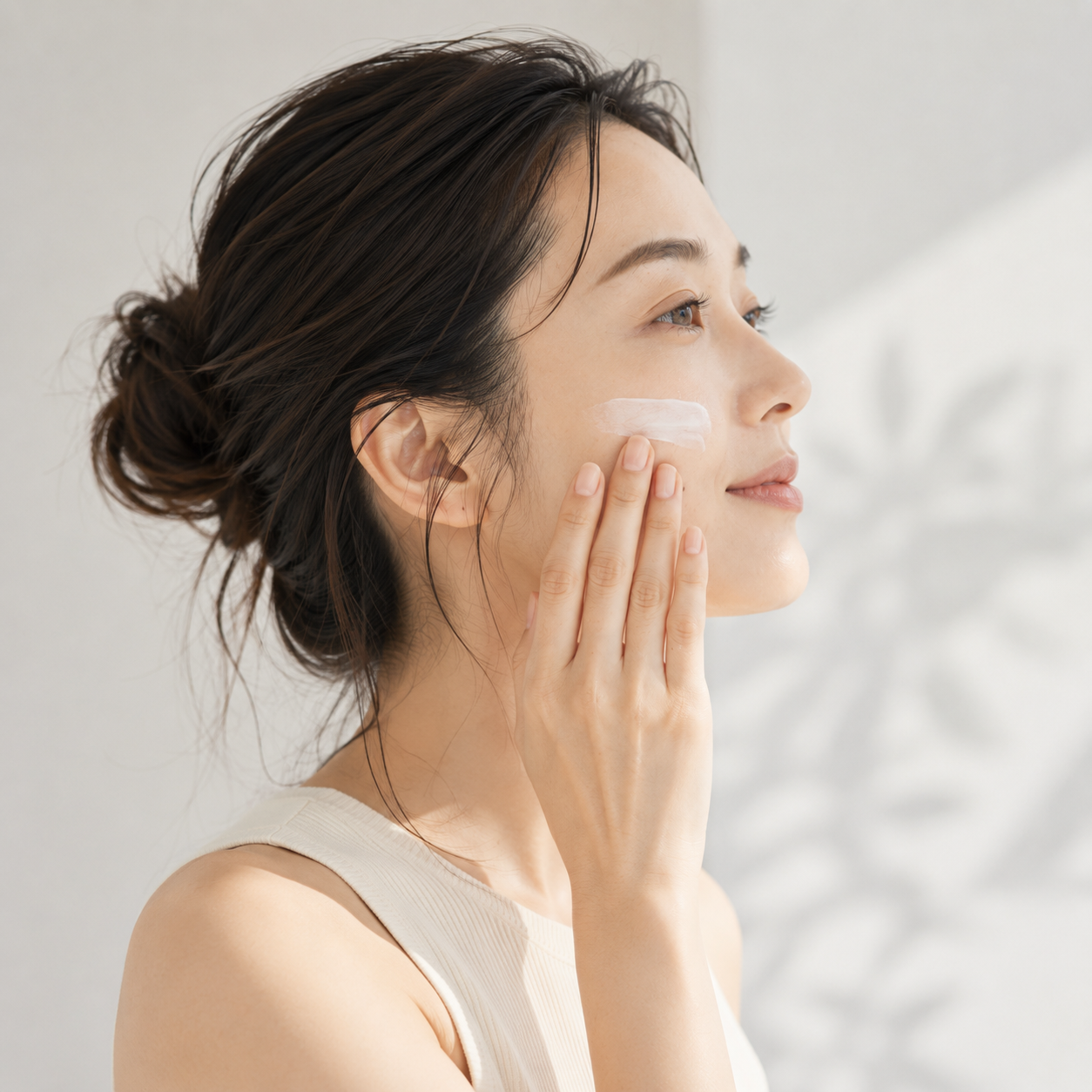 スキンケアをしながら心地よさそうな表情を浮かべる女性の横顔