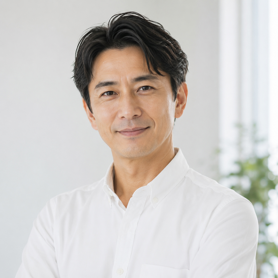 爽やかな笑顔を見せる40代のビジネスパーソン風の男性のポートレート