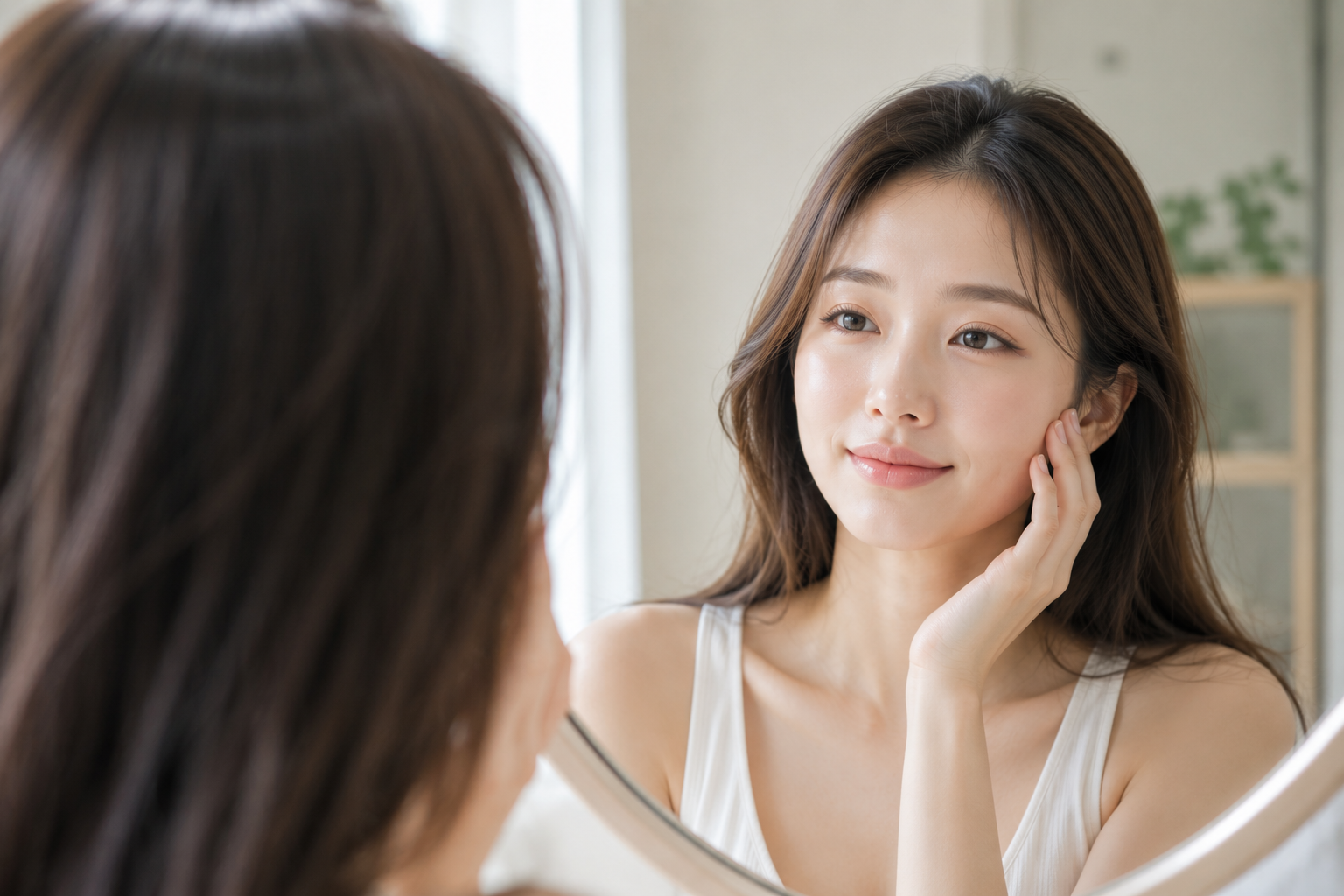 鏡に映る自分の顔を嬉しそうに見つめる女性