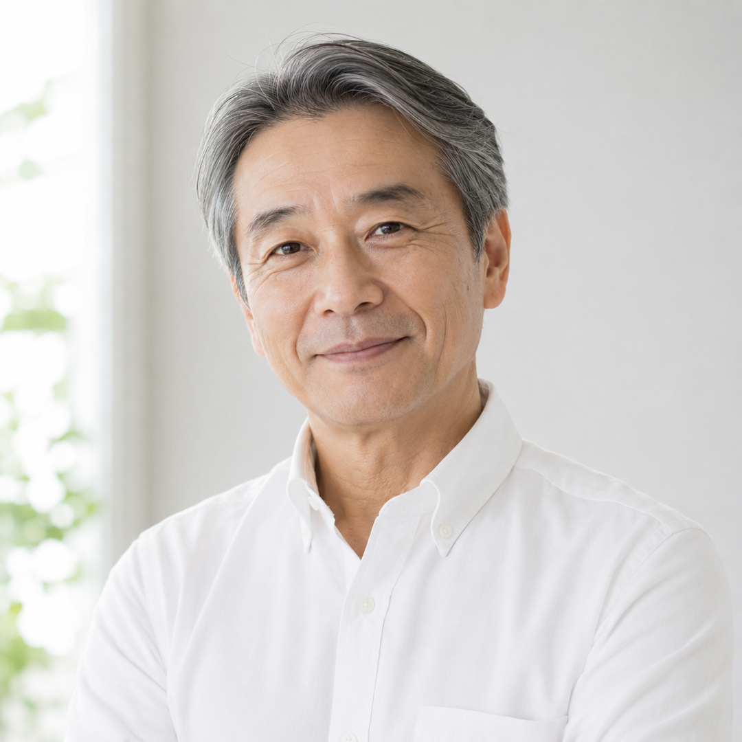 穏やかな表情で微笑む50代から60代のシニア男性のポートレート