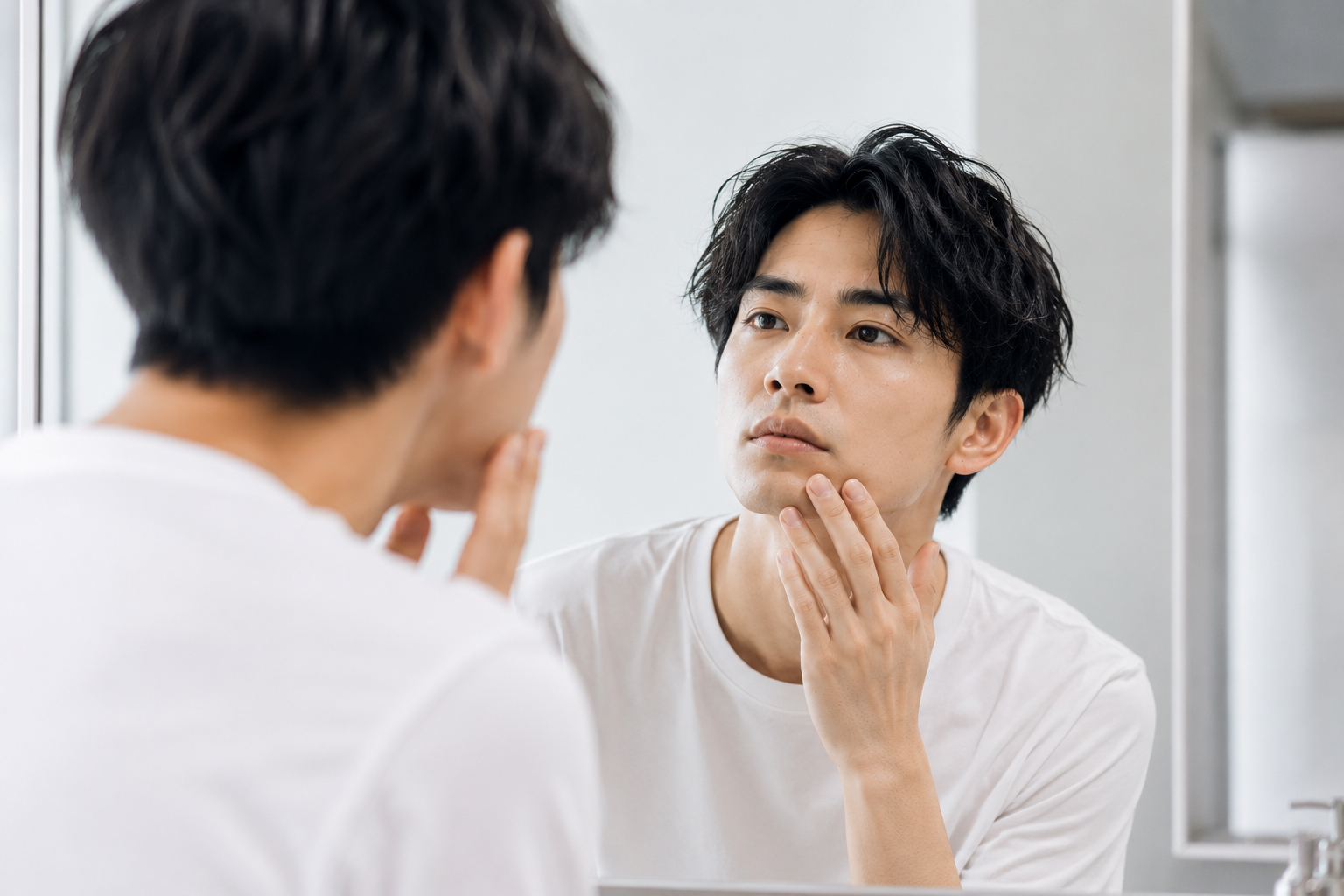 鏡の前で肌やひげについて考える男性のイメージ画像