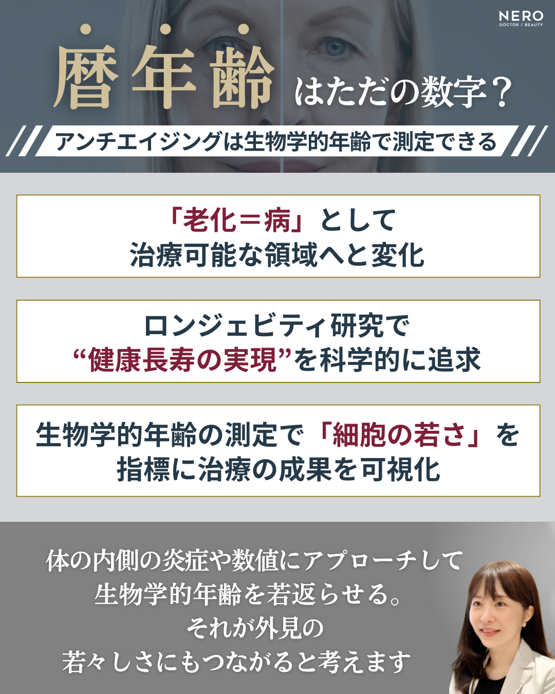 NEROのアンチエイジング解説。老化を治療可能な病と捉え、生物学的年齢やロンジェビティ研究で細胞の若さを可視化する美容内科の紹介。