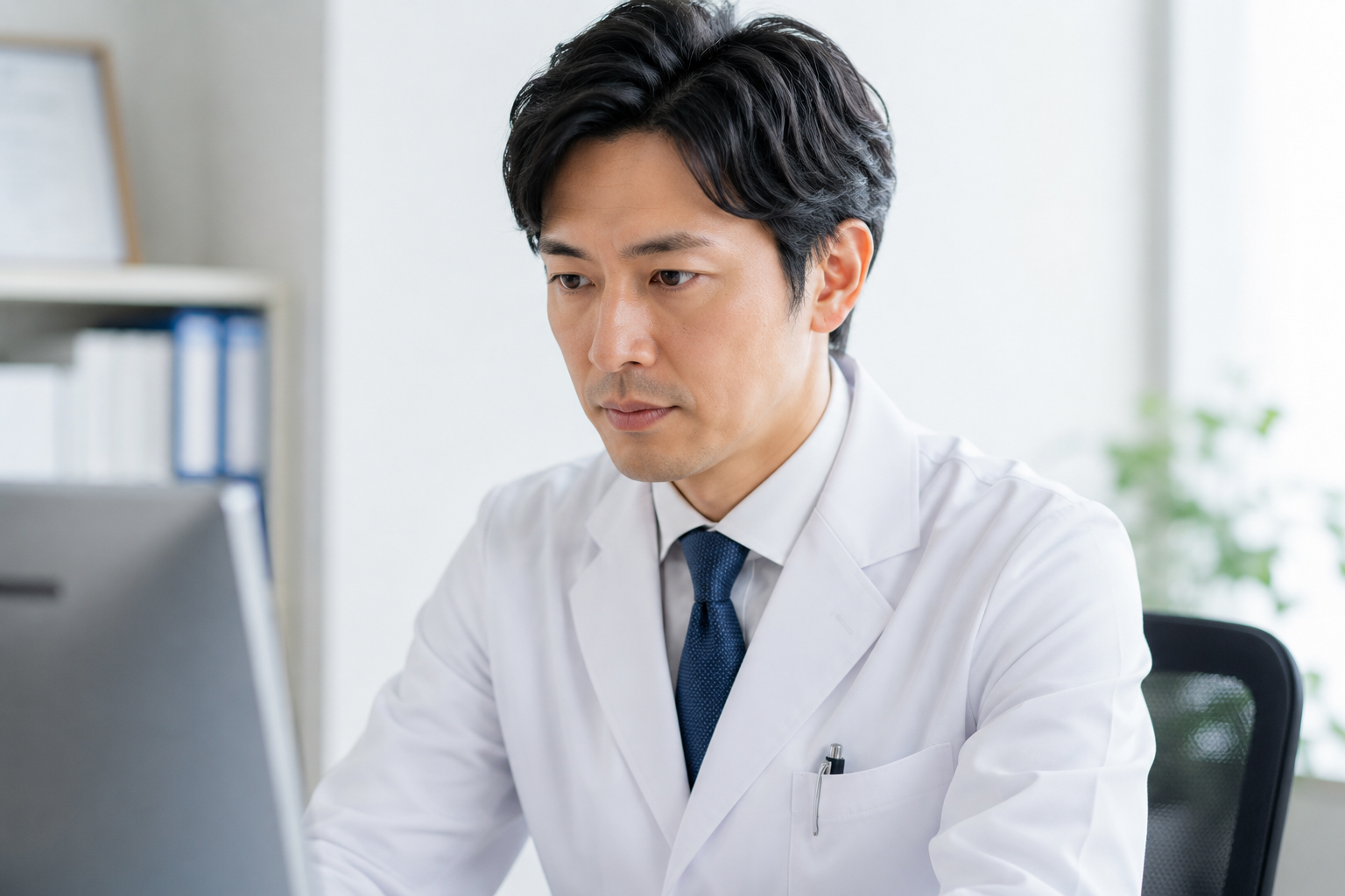 パソコンの画面に向かって、真剣な表情で作業や確認をしている白衣姿の男性医師