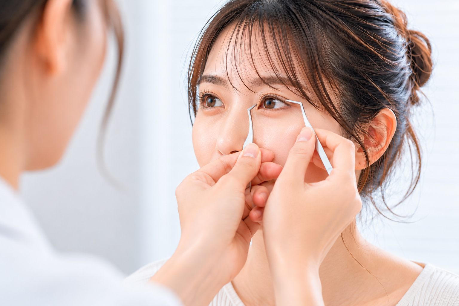 美容医療の施術で、医師またはスタッフから目元のカウンセリングや施術を受けている女性