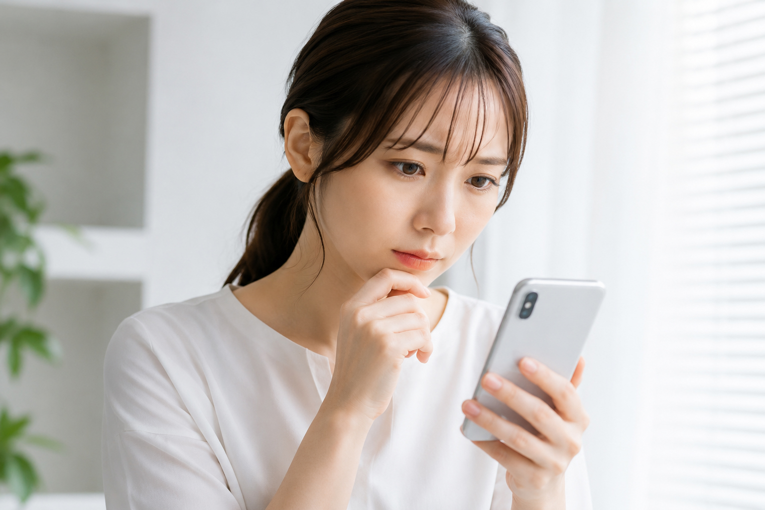 スマホの画面を見ながら、顎に手を当てて悩むような表情をしている女性