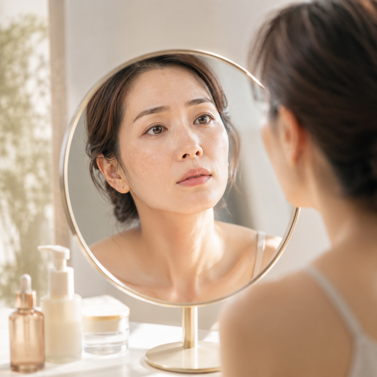 鏡を見つめる20代の女性