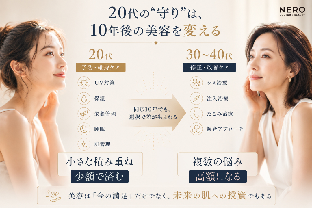 20代が30-40代の美容に与える影響を説明するフローチャート