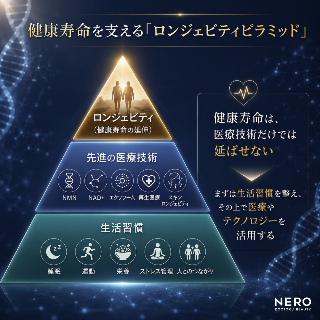 健康寿命を支えるロンジェビティピラミッドの図｜健康寿命は医療技術だけなく生活習慣を整えたうえで医療やテクノロジーを活用することが大切