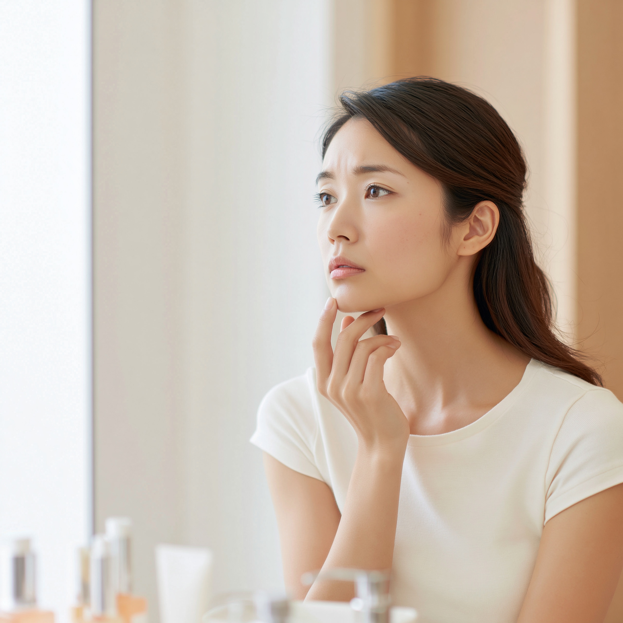 鏡を見て悩む女性