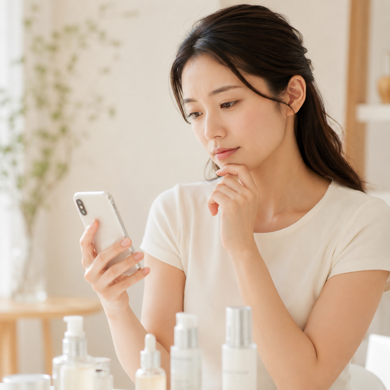 携帯を見て悩む女性
