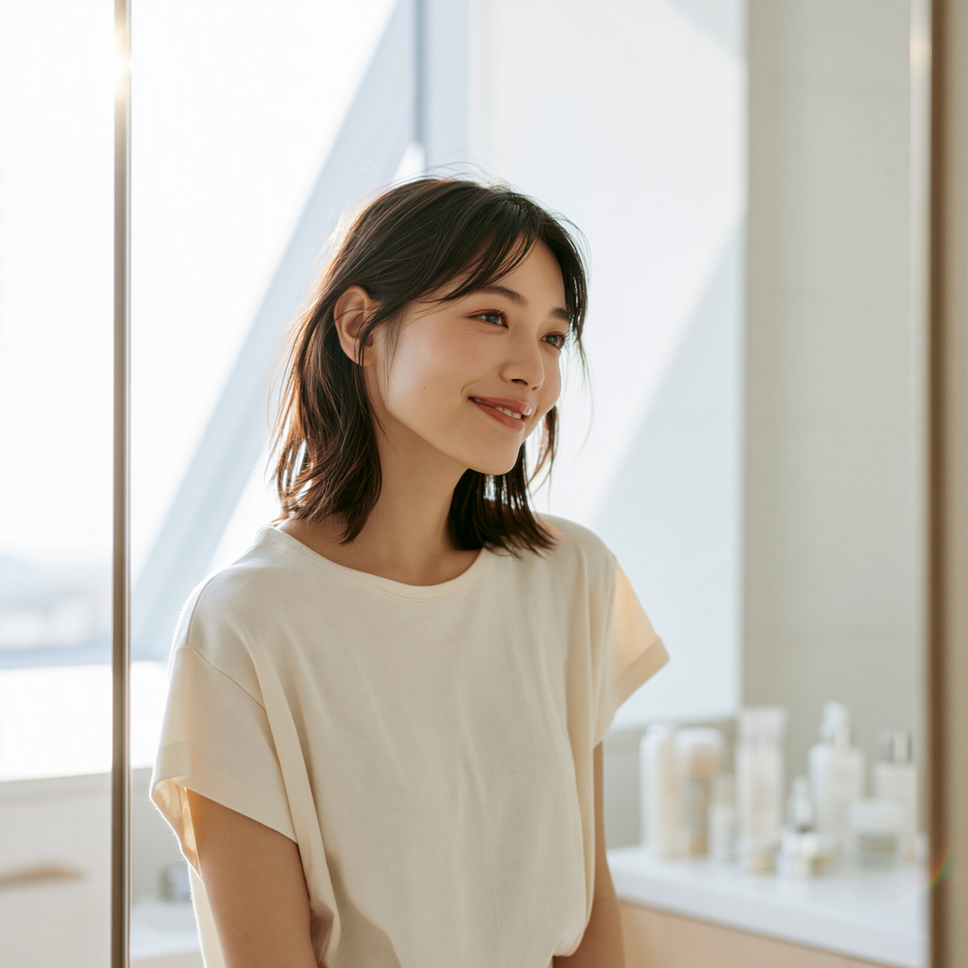 鏡を背景に笑顔の女性