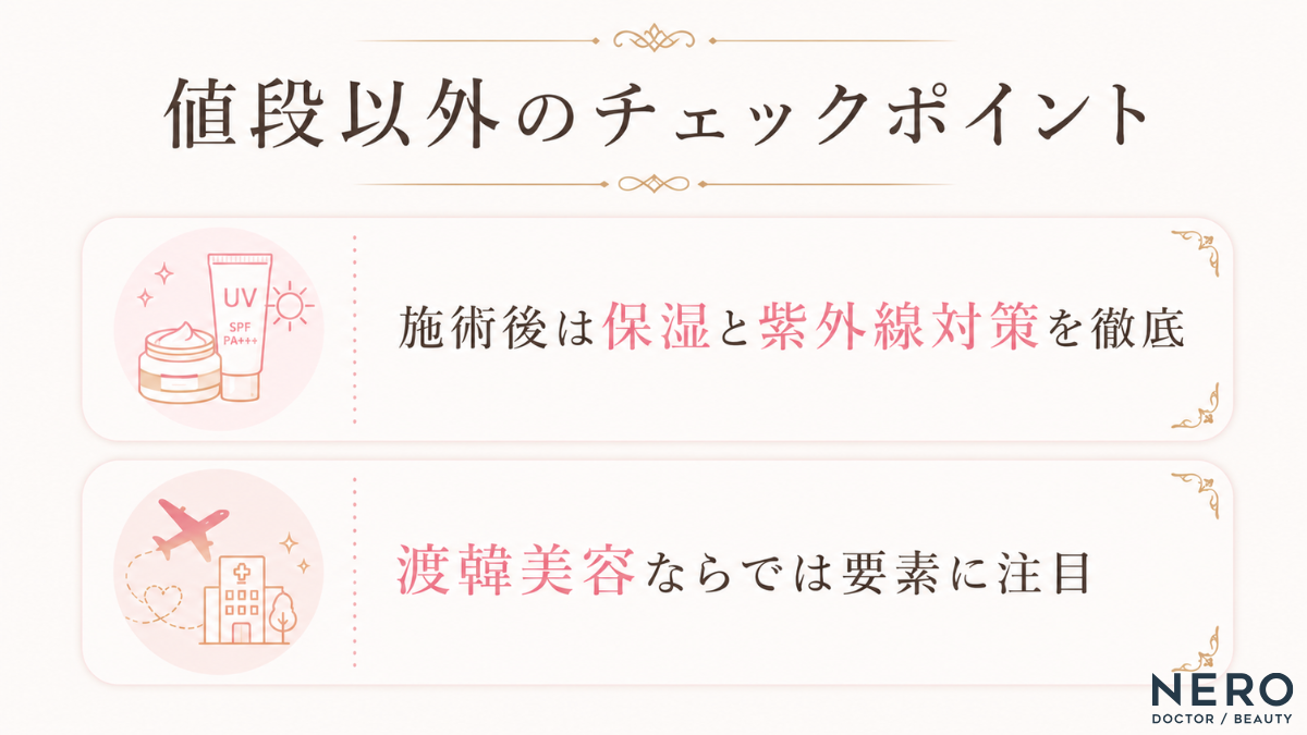 LDM(水玉リフティング)施術後の注意点として、保湿・紫外線対策の徹底と渡韓美容のポイントをまとめた画像