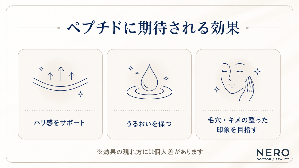 ペプチドに期待される効果をまとめた図解。スキンケアや美容医療において、「ハリ感をサポート」「うるおいを保つ」「毛穴・キメの整った印象を目指す」という3つの主な働きがあることを示しています。