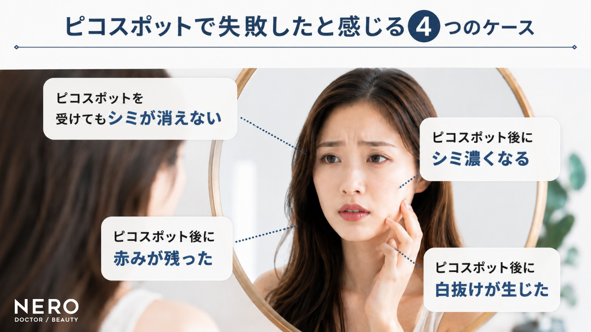 ピコスポットで失敗と感じる4つのケース（シミが消えない、後にシミが濃くなる、赤みが残った、白抜けが生じた）の解説図解