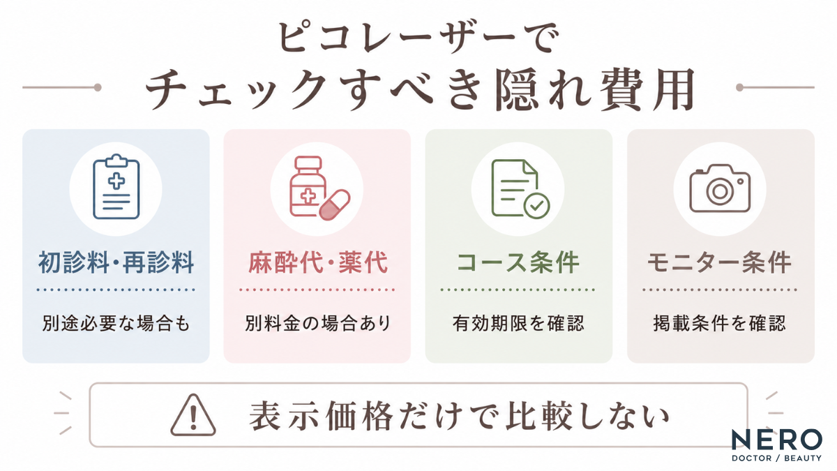 ピコレーザーのクリニック選びでチェックすべき隠れた費用（初診料・再診料、麻酔代・薬代、コース条件、モニター条件）の解説図