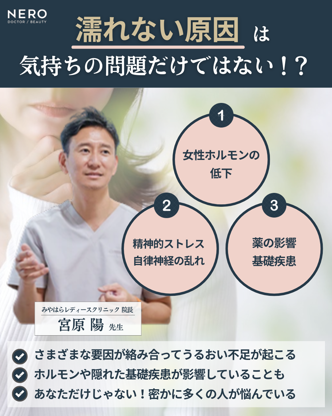 濡れない原因として女性ホルモンの低下、精神的ストレスや自律神経の乱れ、薬の影響や基礎疾患を示した図解