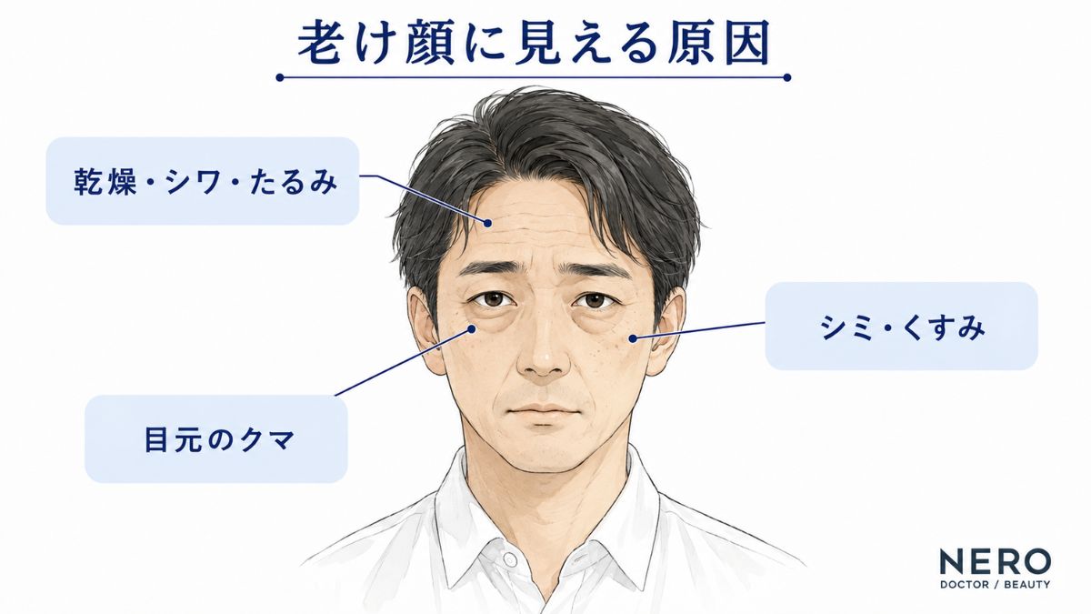 乾燥やシミ、目元のクマなど、老け顔につながる原因を顔の部位ごとにまとめたイラスト