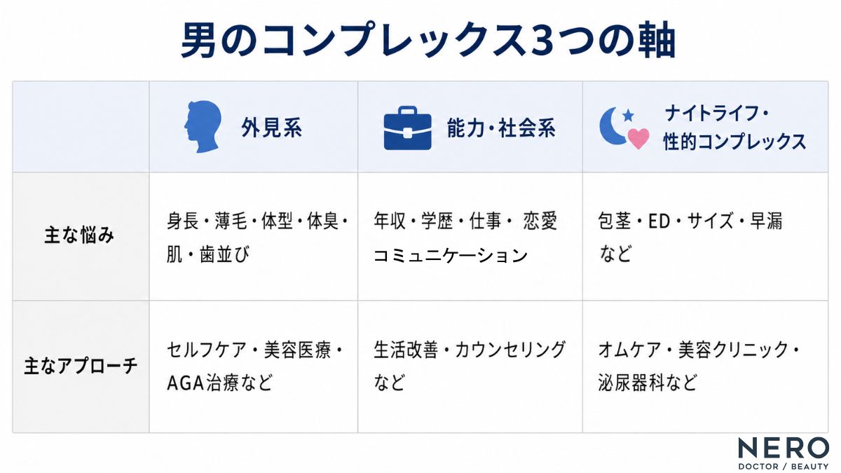 男性のコンプレックスを外見系・能力社会系・ナイトライフ系に分類したマトリクス表の図解