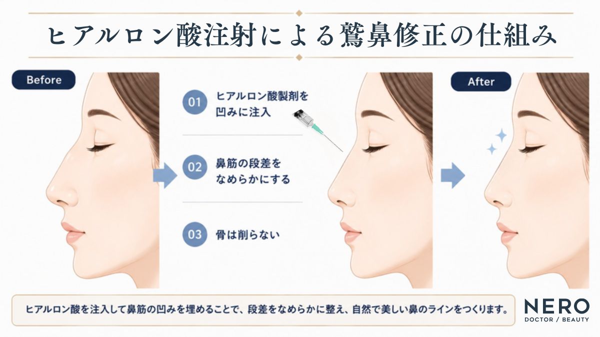 鷲鼻のヒアルロン酸注射で凹みを埋めて鼻筋を整える仕組みを説明した図解