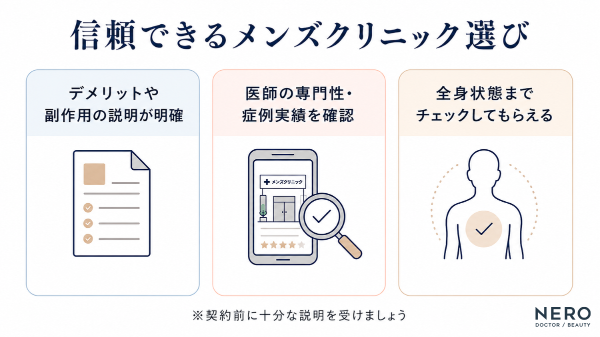 メンズクリニック選びではリスク説明や医師の専門性を確認する