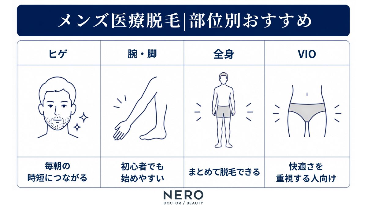 メンズ医療脱毛のおすすめの部位として、ヒゲや全身などの部位ごとの特徴を比較した表