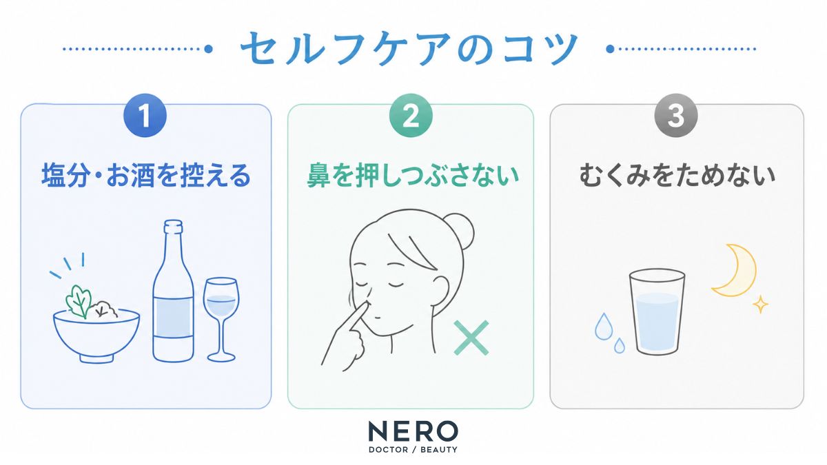 団子鼻を目立ちにくくするセルフケアをまとめた図解