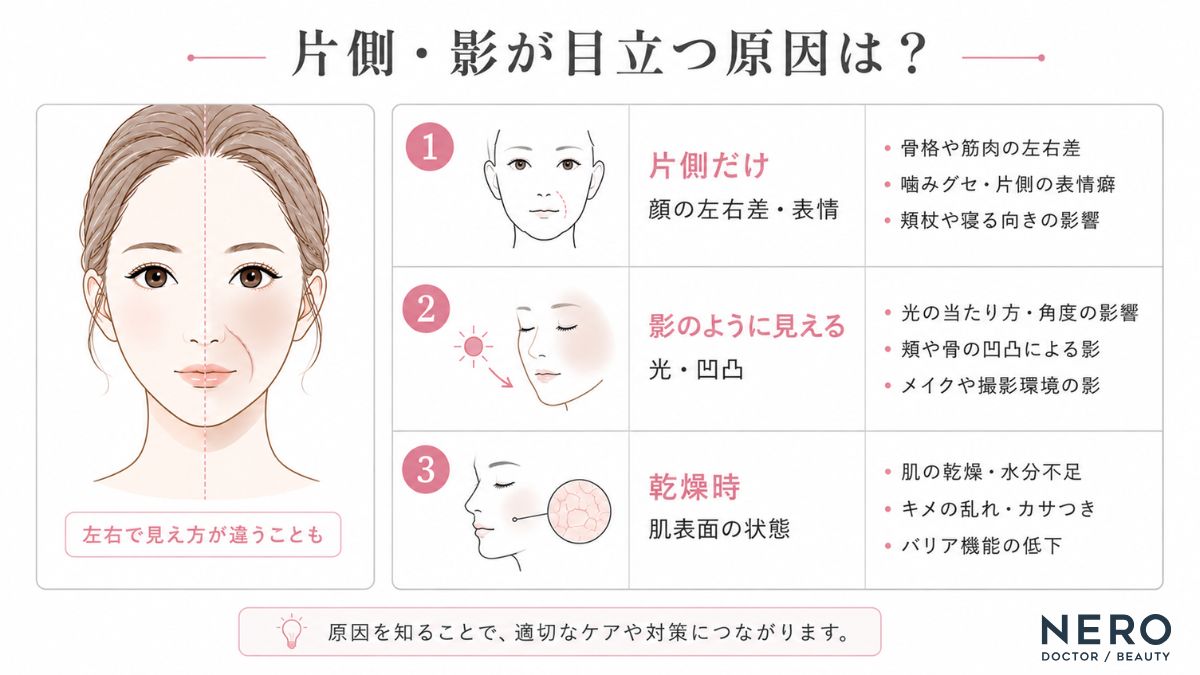 ほうれい線が片側だけ・影のように見える原因を一覧でまとめた図表