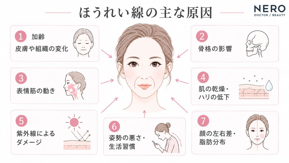 ほうれい線が目立つ主な原因が一覧で分かるよう、箇条書きでまとめた図解