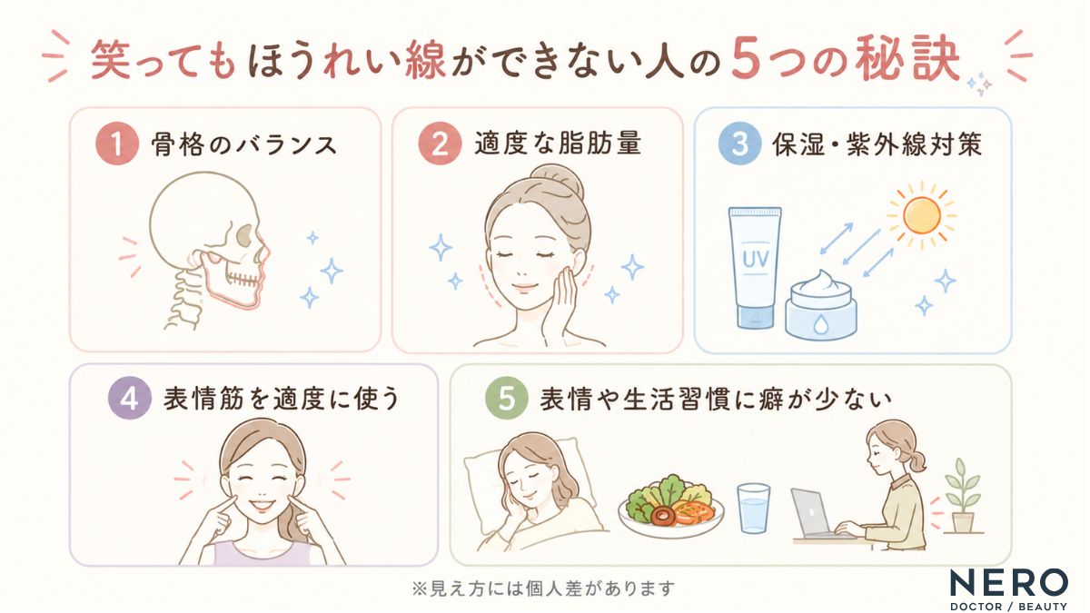 笑ってもほうれい線が目立ちにくい人の特徴をまとめた図